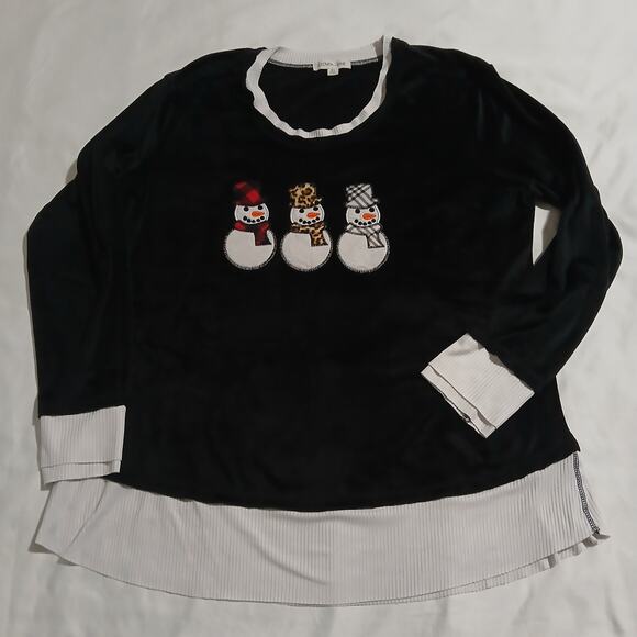 Christmas Top XL Snowmen Black Velour Built in Blouse at Hem & Cuffs Clover+Pine - Picture 1 of 13